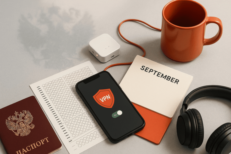 смартфон с включённым VPN, бланк экзамена, паспорт РФ и красно-оранжевая кружка на светлом фоне — nicetry.blog