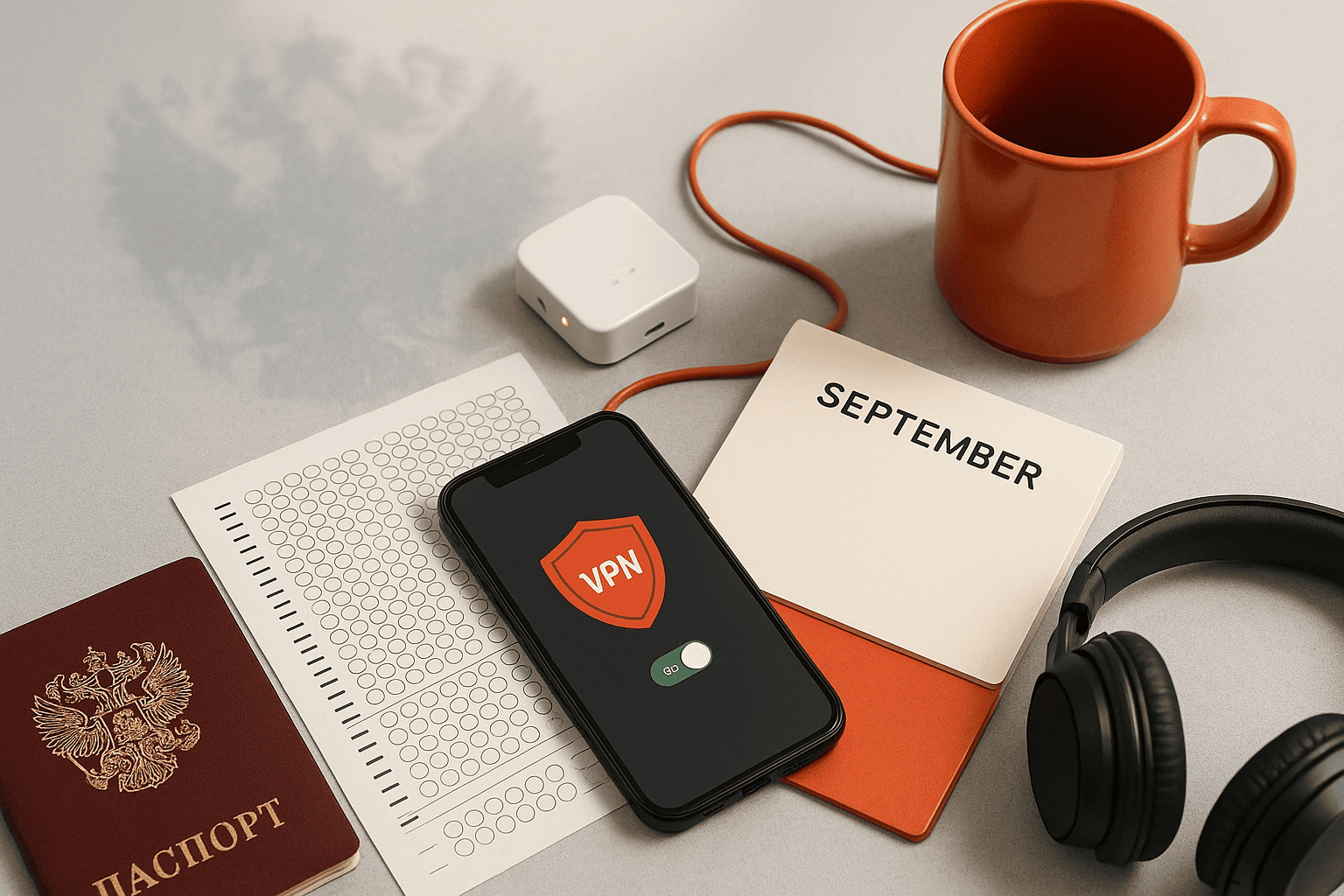 смартфон с включённым VPN, бланк экзамена, паспорт РФ и красно-оранжевая кружка на светлом фоне — nicetry.blog