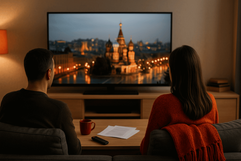 современная гостиная с большим телевизором, силуэты зрителей со спины - nicetry.blog