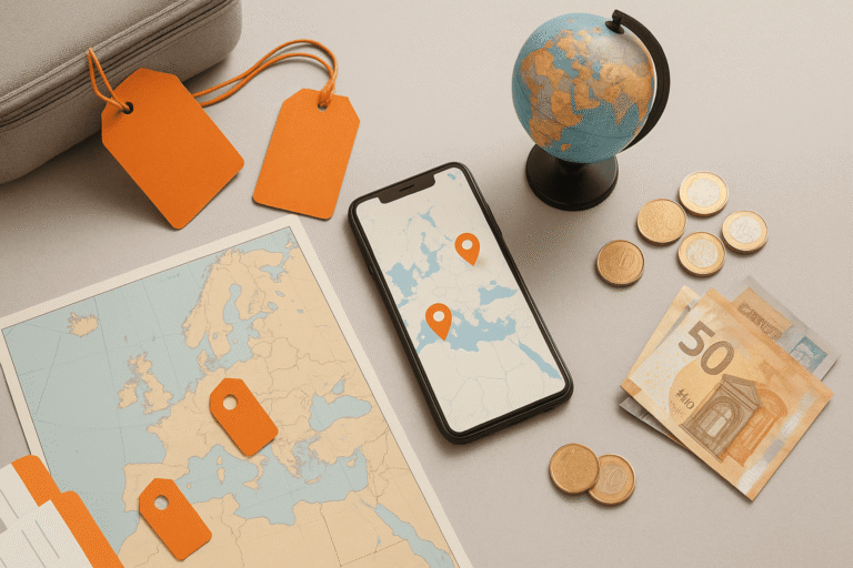 светлый travel-flatlay — карта Европы и мира, смартфон с оранжевыми метками, мини-глобус, монеты и бирки цвета бренда — nicetry.blog