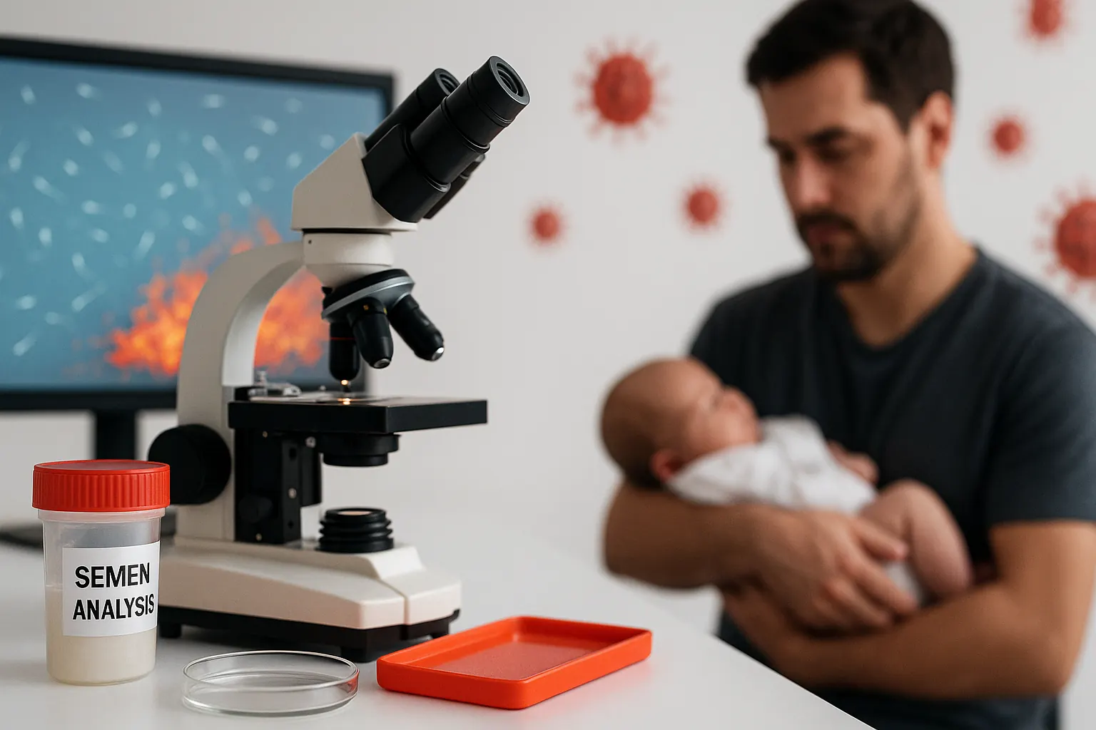 Андрологическая лаборатория (микроскоп, пробирка для спермограммы, монитор с микрографией), на дальнем плане отец держит младенца — nicetry.blog