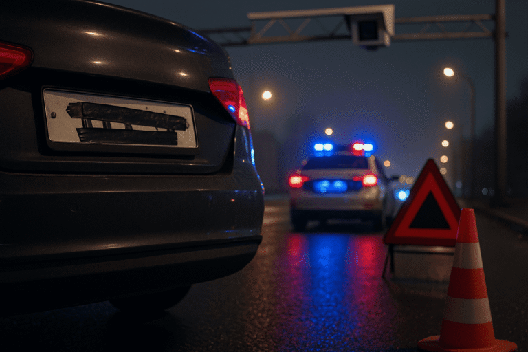 Автомобиль с частично заклеенным номером у ночного дорожного поста — nicetry.blog