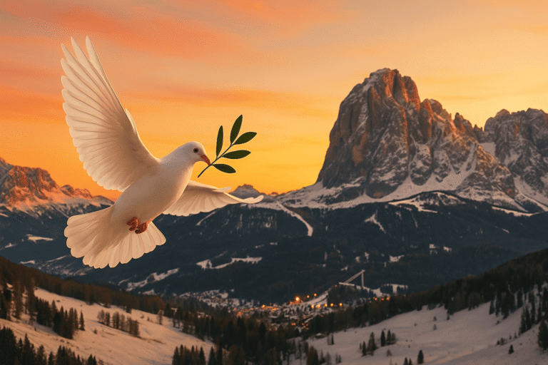 Белый голубь с оливковой ветвью над снежными Доломитами в Кортина-д’Ампеццо, символ перемирия на время Олимпиады-2026 — nicetry.blog