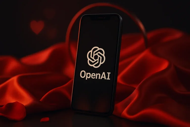 Белый логотип OpenAI на экране смартфона на фоне волн красного шёлка, аккуратная романтическая символика — nicetry.blog