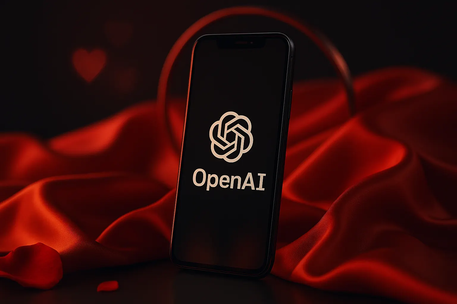 Белый логотип OpenAI на экране смартфона на фоне волн красного шёлка, аккуратная романтическая символика — nicetry.blog