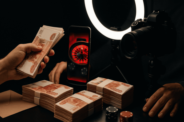 Блогер у ринга и камеры, на столе пачки рублей и смартфон с рулеткой в тревожном — провокационный кадр о заработке на рекламе нелегальных казино - nicetry.blog