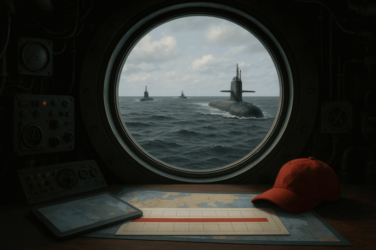Вид из отсека подлодки через круглое окно - на море три субмарины - внизу навигационная карта и красная бейсболка - подводные лодки США и России — nicetry.blog