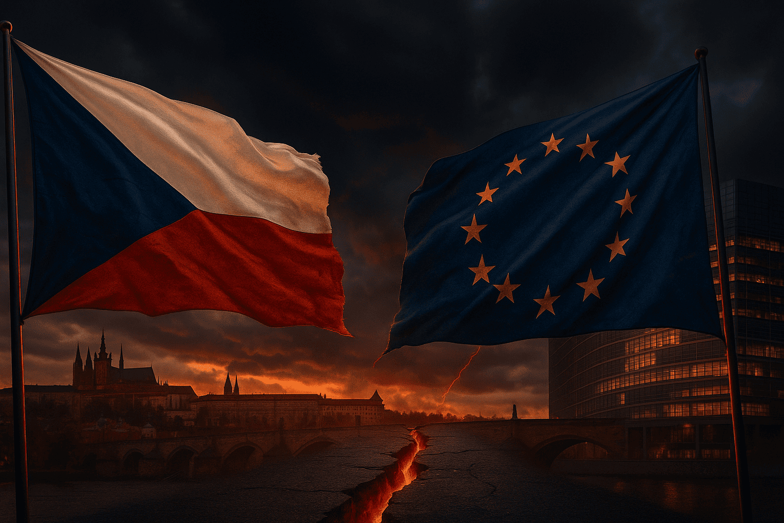Чехия vs ЕС — реалистичная сцена с флагами на ветру, мрачным небом и символической «трещиной» между сторонами — nicetry.blog
