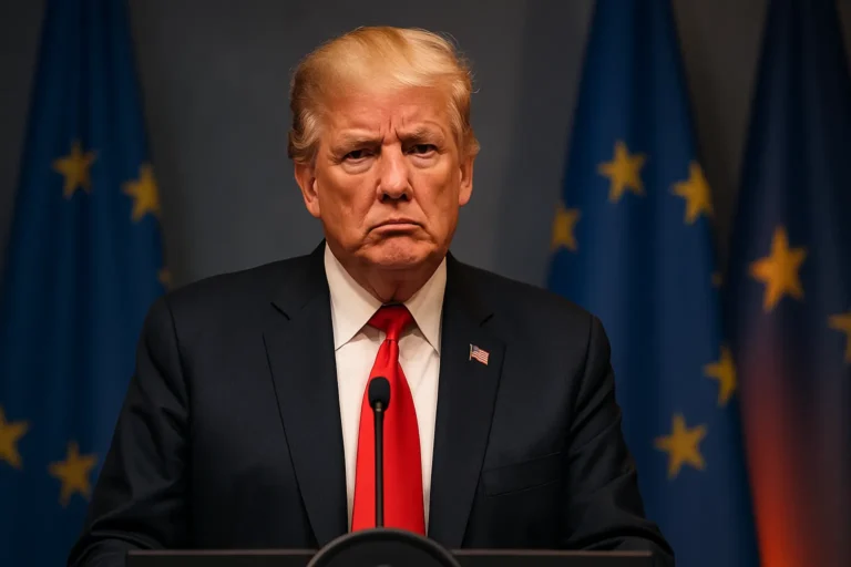 Дональд Трамп у пресс-подиюма на фоне флагов ЕС — nicetry.blog