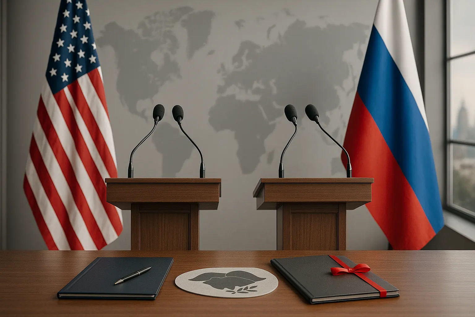 Две трибуны с микрофонами — на столе папки для переговоров — флаги США и России по бокам — nicetry.blog