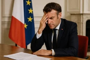 Эммануэль Макрон за рабочим столом — усталое выражение лица — бумаги на столе - флаги ЕС и Франции на фоне — nicetry.blog