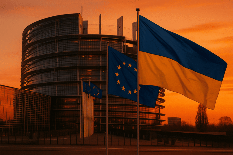 Европарламент, украинский и флаг ЕС у здания парламента на закате — nicetry.blog