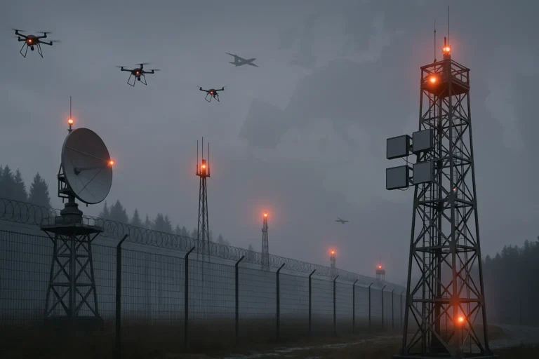 Европейская пограничная линия с радарами и антеннами «стены дронов», сигнальные огни, несколько квадрокоптеров в небе — nicetry.blog