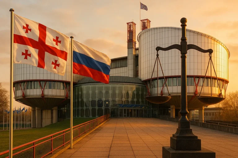 Европейский суд по правам человека в Страсбурге, флаги Грузии и России на переднем плане — nicetry.blog