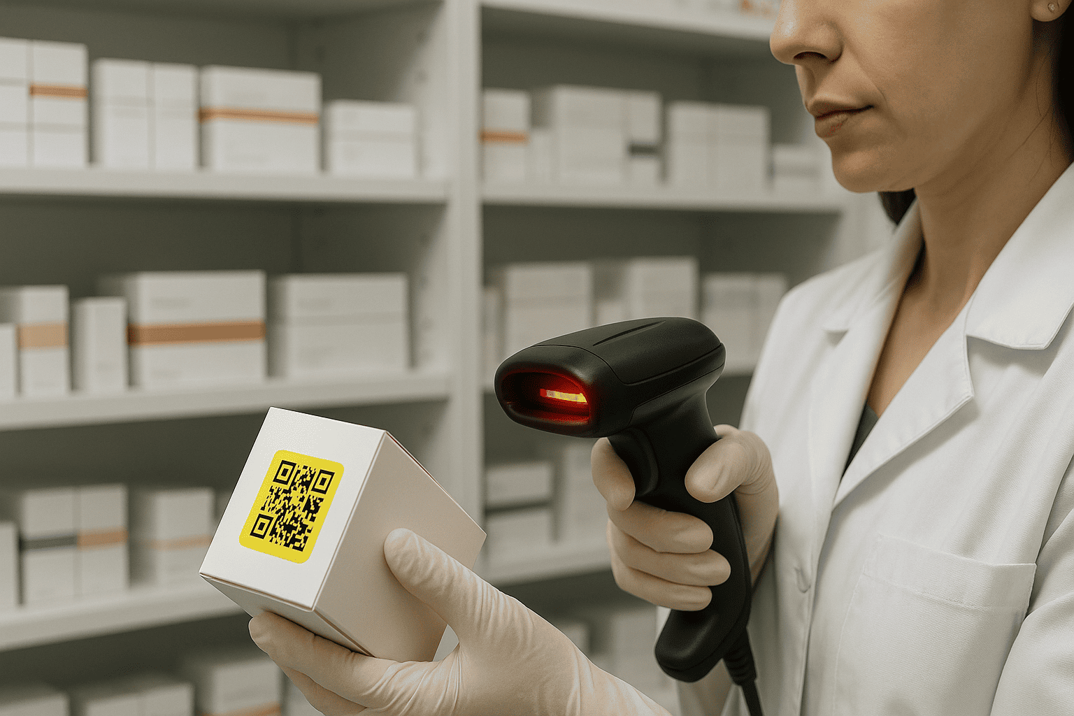 Фармацевт в аптеке сканирует упаковку лекарства с QR-кодом «Честный знак» — nicetry.blog