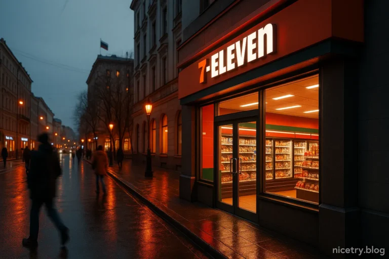 Фасад 7-Eleven на российской городской улице в сумерках, мокрый асфальт и тёплые витрины — nicetry.blog