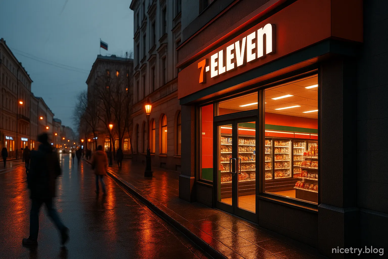 Фасад 7-Eleven на российской городской улице в сумерках, мокрый асфальт и тёплые витрины — nicetry.blog