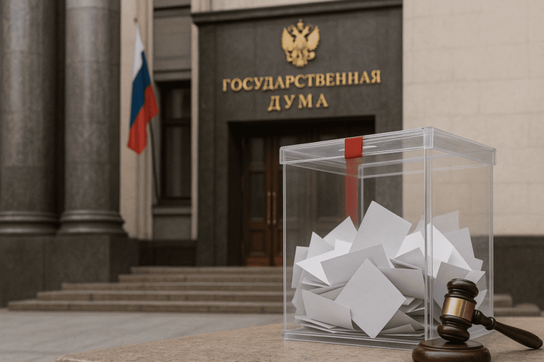 Фасад Госдумы, прозрачная урна с бюллетенями и судейский молоток — иллюстрация к законопроекту о запрете избираться с судимостью - nicetry.blog