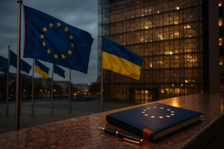 Флаги ЕС и Украины у здания Совета ЕС в Брюсселе, документы на переднем плане — тема: новые правила членства ради Украины - nicetry.blog
