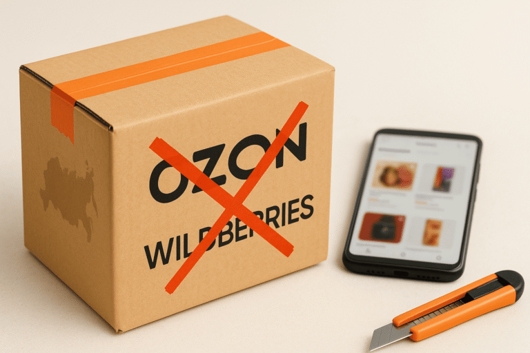 Фотореалистичная посылка на нейтральном фоне, рядом смартфон с витриной маркетплейса - nicetry.blog