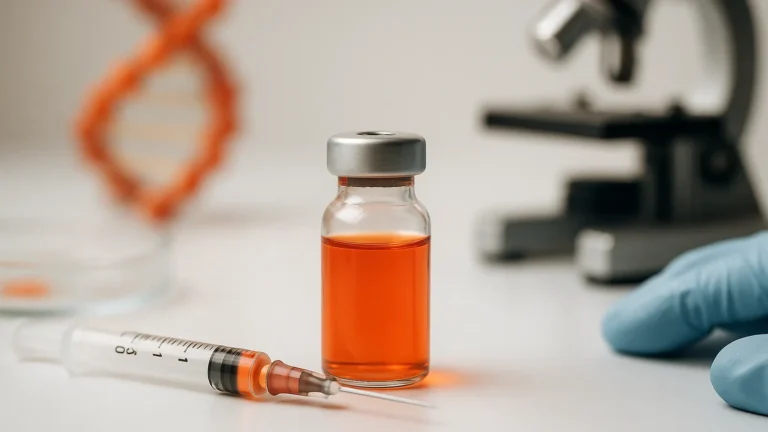 Фотореалистичный крупный план лабораторного флакона и шприца, символизирующих «вакцину от рака» — nicetry.blog