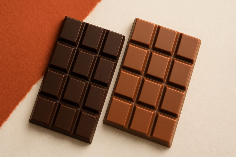 Горький и молочный шоколад рядом на светлом фоне с терракотовым акцентом - nicetry.blog