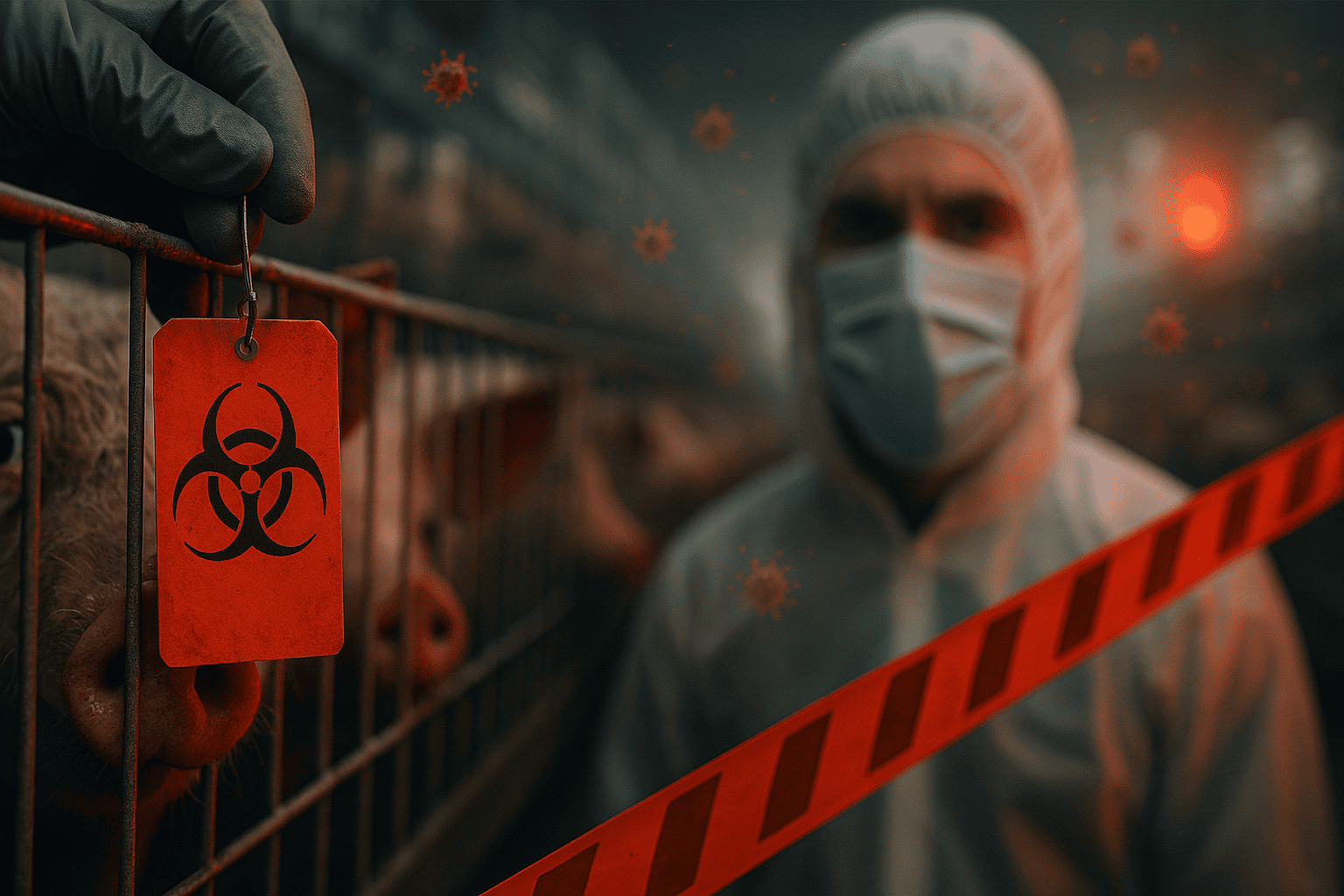 Клетка с животными, красная бирка «биоопасность» и инспектор в СИЗ на фоне - nicetry.blog