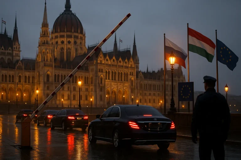 Колонна кортежей у здания парламента в Будапеште, поднятый шлагбаум и флаги Венгрии, России и ЕС — символ «беспрепятственного въезда» на саммит - nicetry.blog