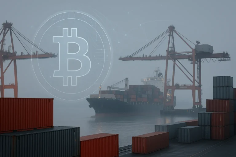 Контейнерный порт и грузовое судно с полупрозрачным символом Bitcoin — внешняя торговля и криптовалюта в России - nicetry.blog