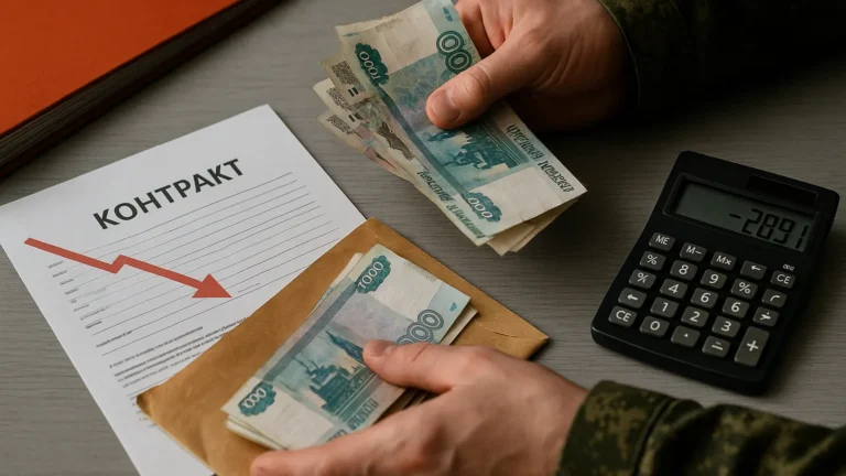 Контракт на службу с падающей стрелкой, руки в форме пересчитывают рубли рядом с конвертом и калькулятором — сокращение выплат контрактникам — nicetry.blog