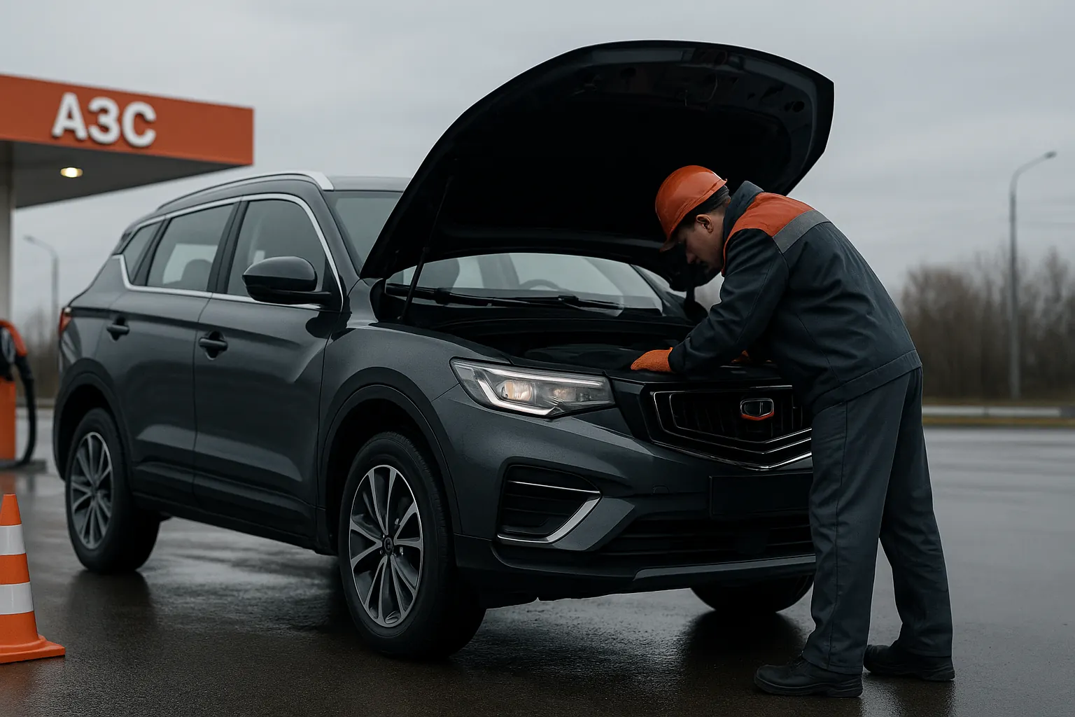 Кроссовер Geely у российской АЗС, механик осматривает двигатель под открытым капотом, намёк на проблемы из-за качества бензина — nicetry.blog