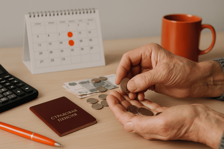 Крупный план рук пожилого человека, пересчитывающих рубли на столе; рядом калькулятор и календарь с двумя красно-оранжевыми отметками — nicetry.blog
