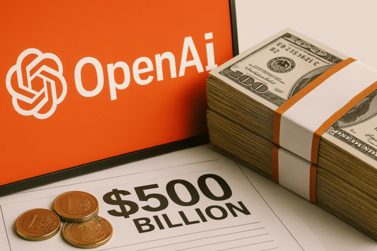 Крупный план стопки долларов и монет рядом с логотипом OpenAI - оценка компании в $500 млрд - OpenAI самая дорогая частная компания — nicetry.blog