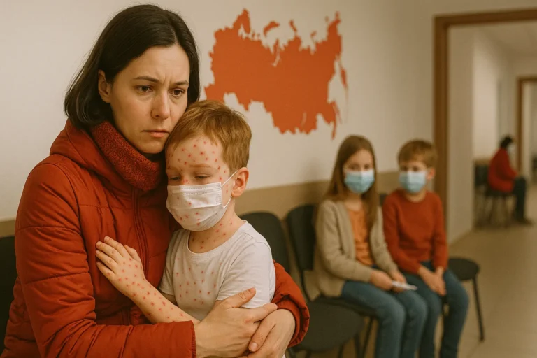 Мать в оранжево-красной куртке держит ребёнка с сыпью от ветрянки в коридоре российской детской поликлиники — nicetry.blog