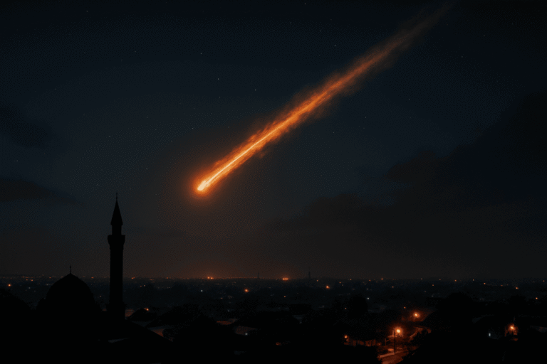 Метеорит пролетает над индонезийским Чиребоном ночью, огненный след в небе над городом — nicetry.blog