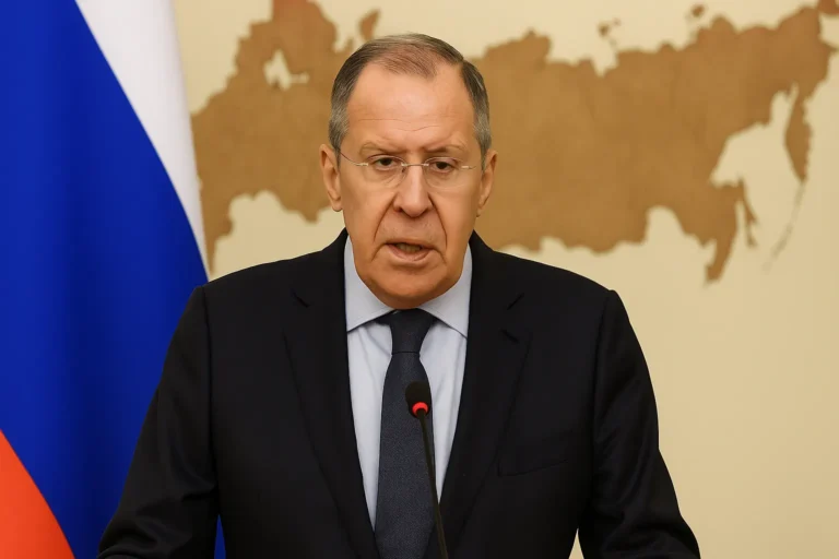 Министр иностранных дел России выступает на пресс-конференции — флаг России и карта страны на фоне — nicetry.blog