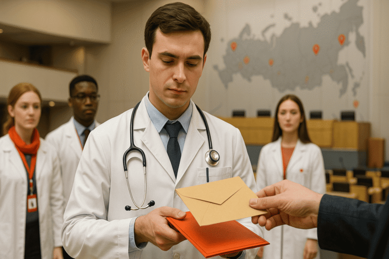 Молодой врач-выпускник получает конверт с распределением на фоне зала Госдумы — nicetry.blog