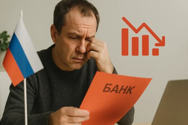 Мужчина рассматривает документы из банка — обеспокоенное выражение лица — флаг России и график снижения на фоне — nicetry.blog