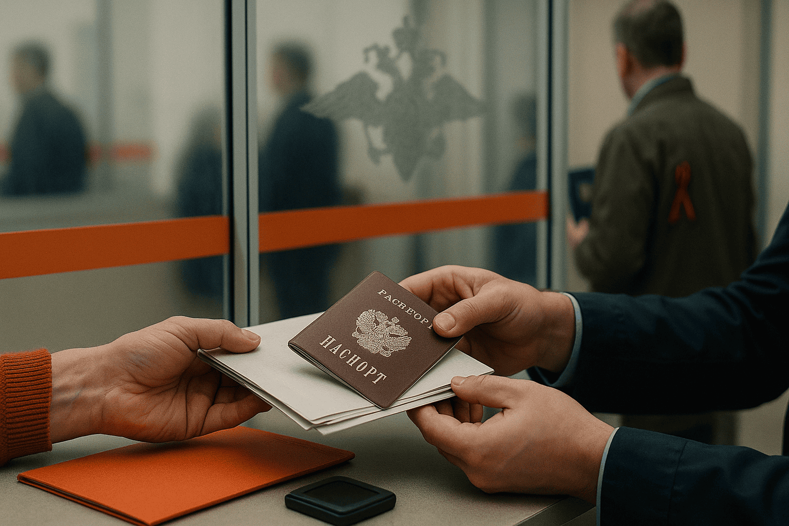 На размытом фоне символика МВД, в очереди ветеран с ленточкой и человек с украинским паспортом - nicetry.blog