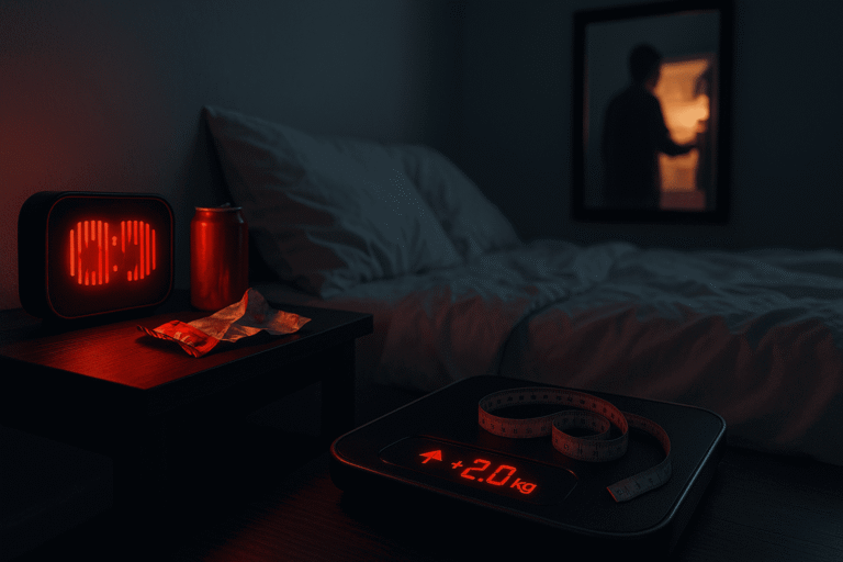 Недосып и набор веса: тёмная спальня, ночная красная подсветка, пустые обёртки от перекусов и весы с растущей стрелкой — nicetry.blog