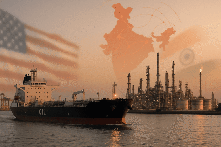 Нефтяной танкер у индийского побережья на фоне НПЗ и размытых флагов США и Индии - nicetry.blog