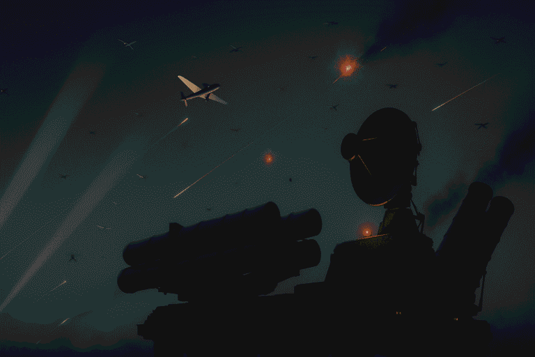 Ночная сцена ПВО - пусковая установка с радаром отслеживает беспилотники - в небе трассеры и вспышки перехватов - nicetry.blog