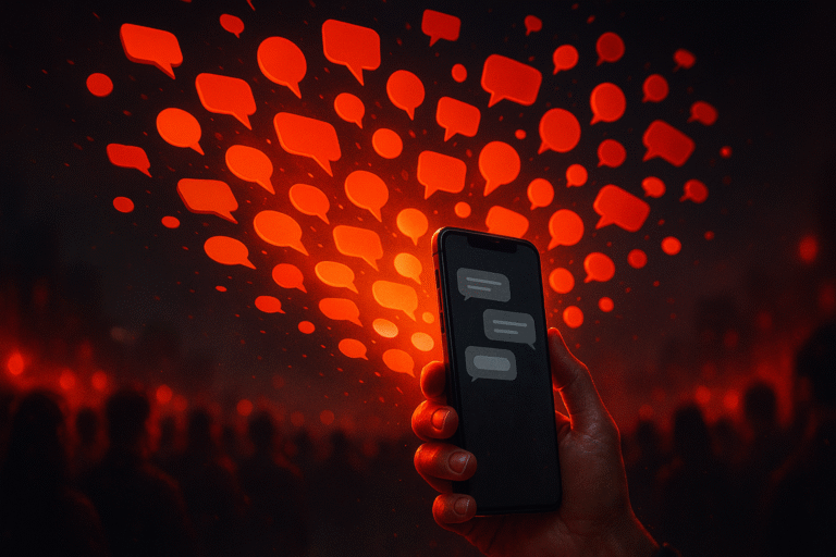 Ночная толпа со смартфонами, на экранах абстрактные чат-баблы; в глубине неоновая стрелка роста из пузырей — nicetry.blog