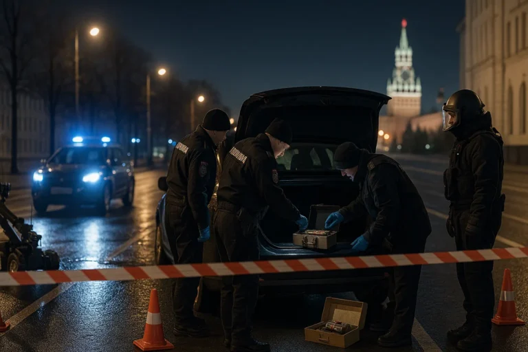 Ночная улица Москвы — кордон полиции и конусы — сапёры у открытого багажника осматривают обезвреженное устройство — вдалеке силуэт кремлёвской башни — nicetry.blog