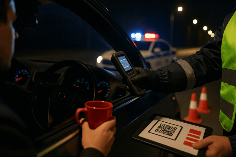 Ночной дорожный контроль - инспектор у окна автомобиля сканирует QR-код портативным устройством - рядом конусы и патрульная машина — nicetry.blog
