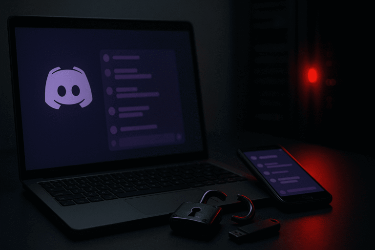 Ноутбук и смартфон с интерфейсом Discord, на столе сломанный замок и флешка — nicetry.blog