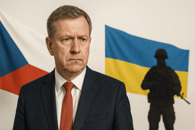 Новый премьер Чехии Бабиш на фоне флагов Чехии и Украины - рядом силуэт военного - выборы в Чехии - nicetry.blog