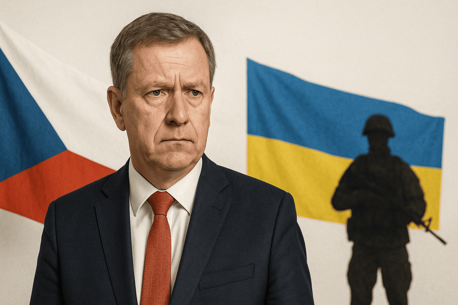 Новый премьер Чехии Бабиш на фоне флагов Чехии и Украины - рядом силуэт военного - выборы в Чехии - nicetry.blog