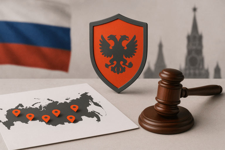 Oblozhka - na stole karta Rossii - ryadom derevyannyj molotok sudi i shchit s dvuglavym orlom - na zadnem plane flag RF i siluety bashen - Rossiya dlya rossiyan — nicetry.blog