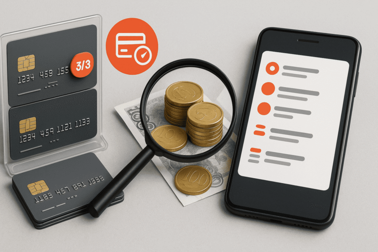 стопка безымянных банковских карт в прозрачном холдере - рядом лупа над монетами и купюрой - справа смартфон со списком транзакций - лимит банковских карт— nicetry.blog
